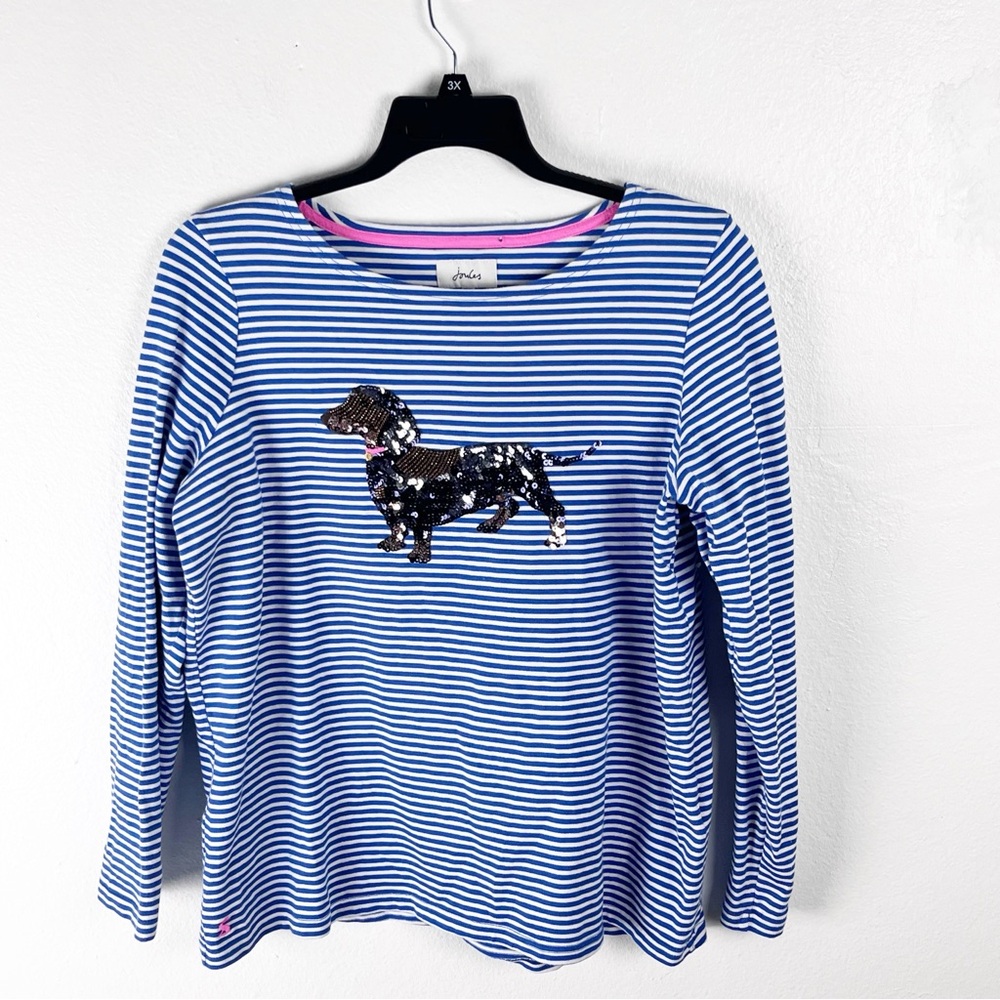 JOULES 100% Cotton Blue White Stripe Long Sleeves Sequin Dog Graphic Top Size 14